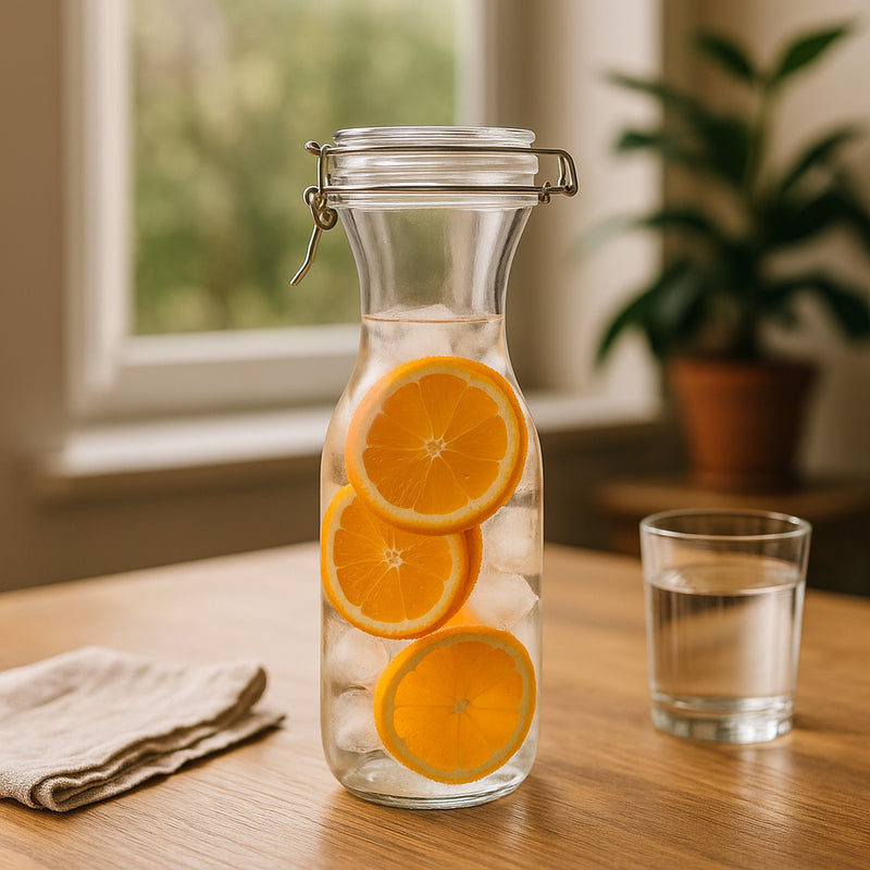 REGENT GLASS CARAFE WITH RESEALABLE CLIP TOP GLASS LID 6PK, 1L