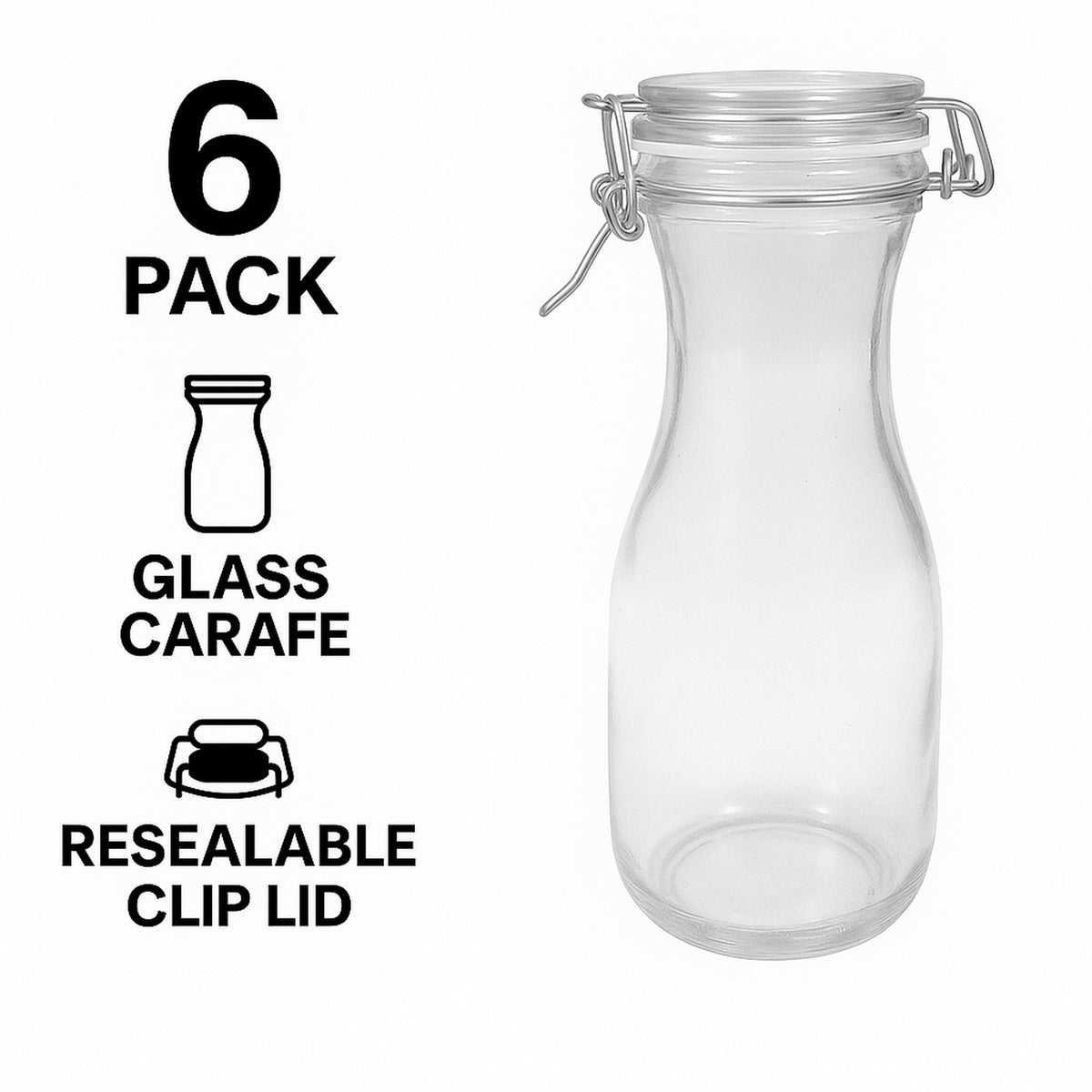 REGENT GLASS CARAFES WITH RESEALABLE CLIP TOP GLASS LIDS 6PK, 250ML