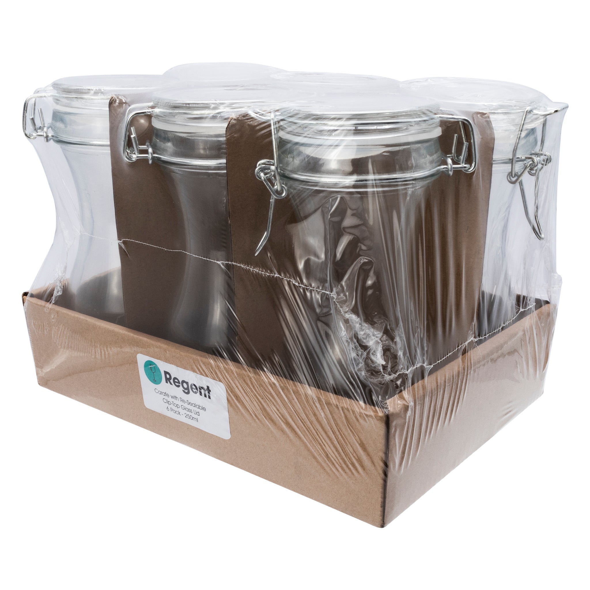 REGENT GLASS CARAFES WITH RESEALABLE CLIP TOP GLASS LIDS 6PK, 250ML