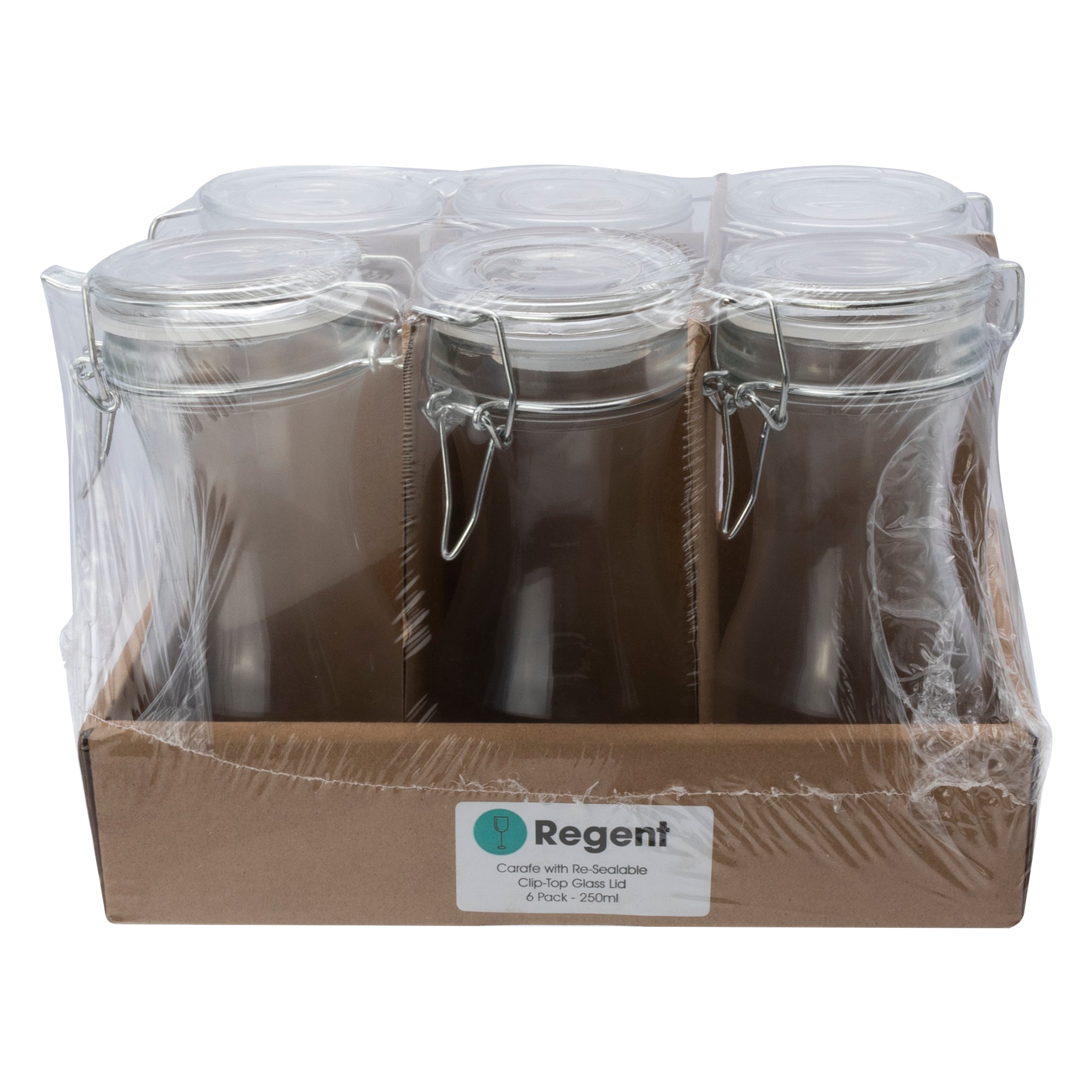 REGENT GLASS CARAFES WITH RESEALABLE CLIP TOP GLASS LIDS 6PK, 250ML