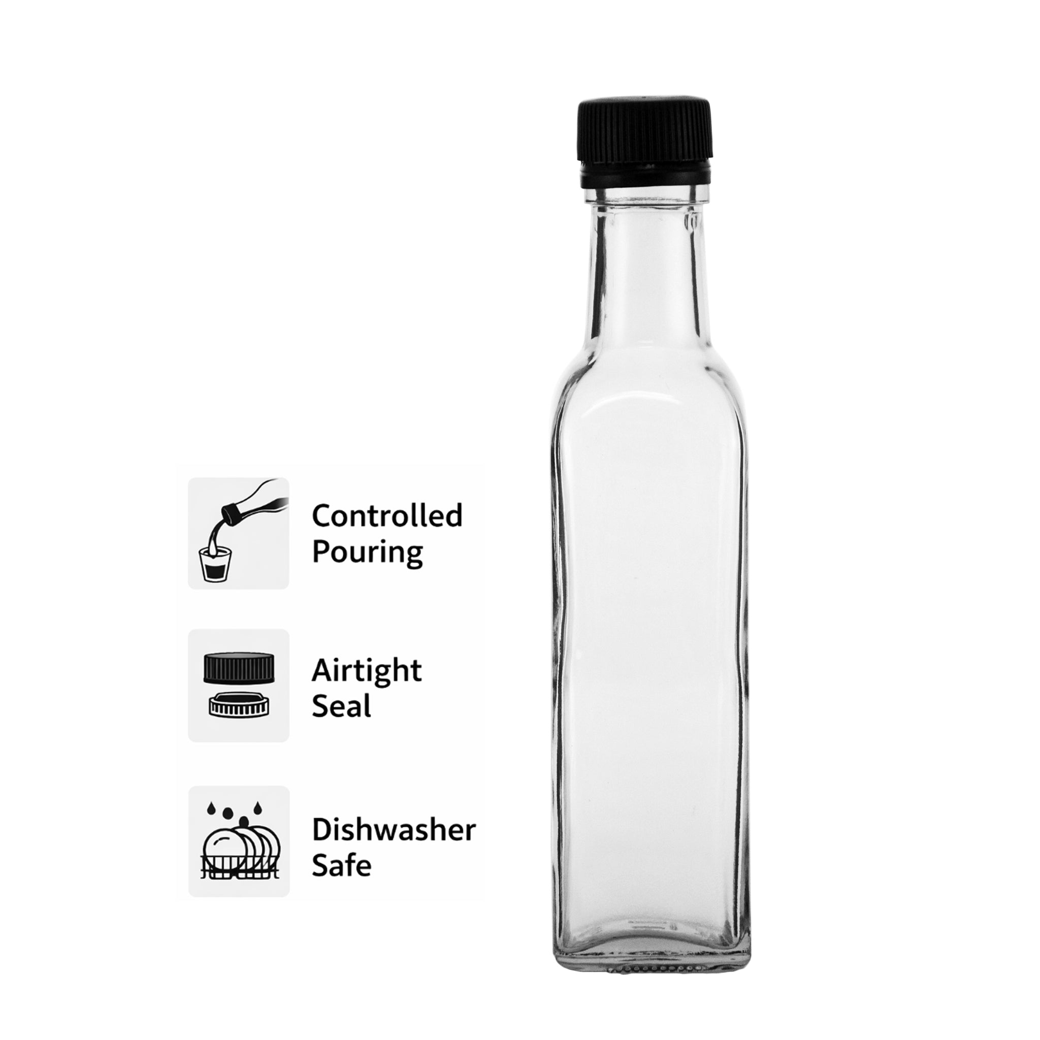 CONSOL SQUARE OIL/VINEGAR BOTTLE WITH BLACK LID, 250ML