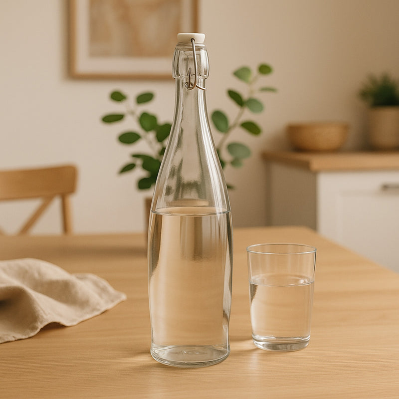 REGENT GLASS WATER BOTTLE ROUND WITH CLIP TOP LID, 1L