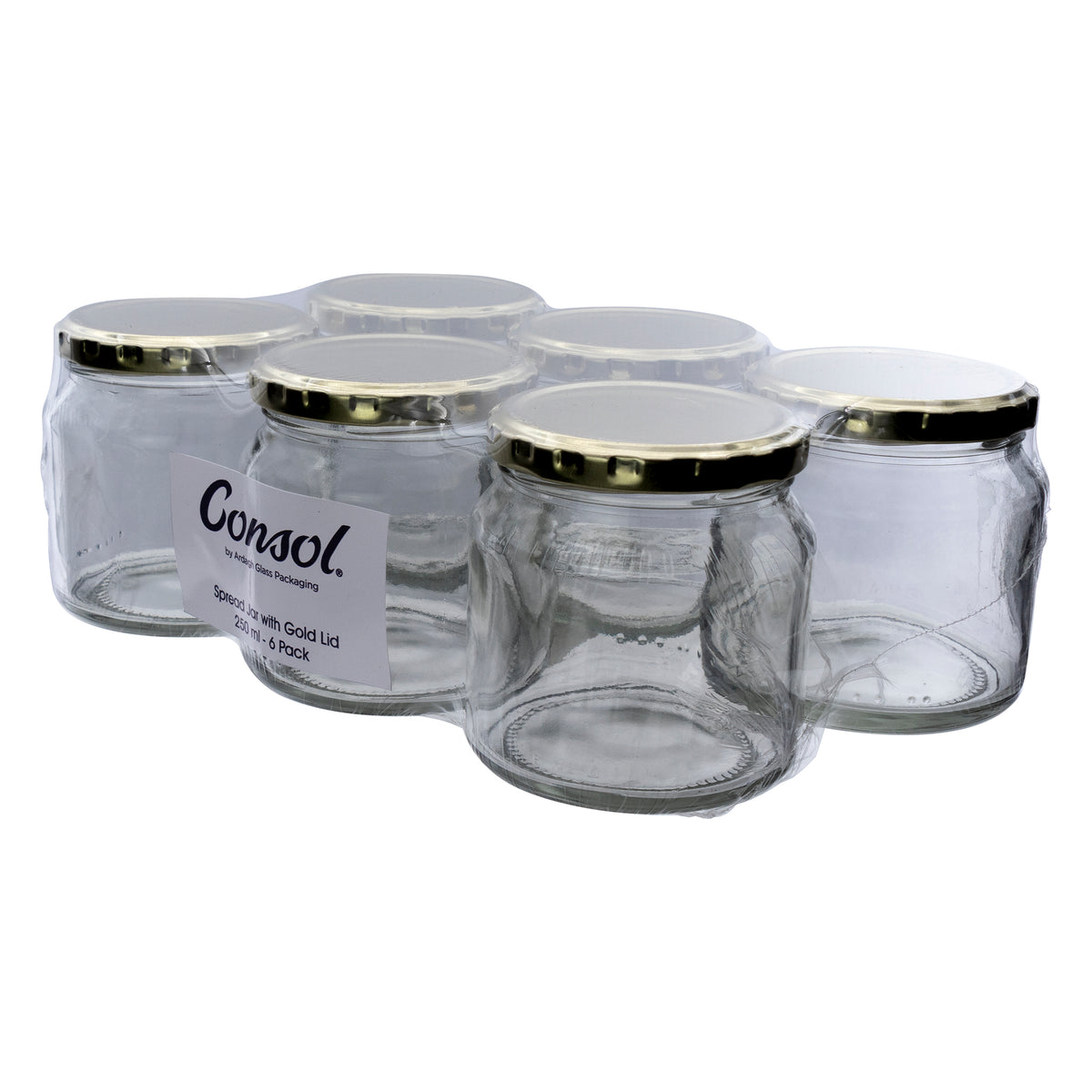 CONSOL SPREAD JARS WITH GOLD LIDS 6PK, 250ML