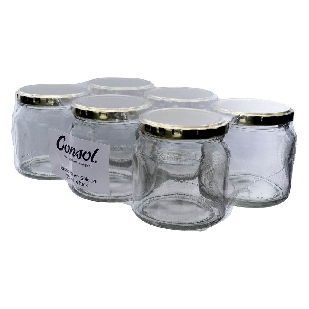 CONSOL SPREAD JAR WITH GOLD LID 6 PACK, 250ML (82X80MM DIA)