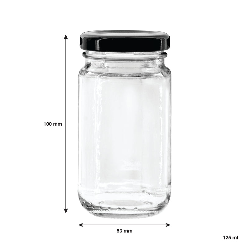 CONSOL SHEER JAR ROUND WITH BLACK LID 6 PACK, 125ML (100X53MM DIA)