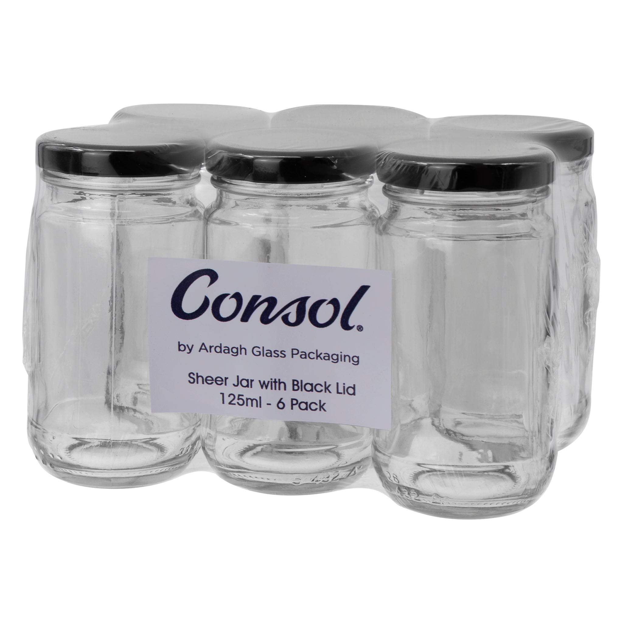 CONSOL SHEER JARS WITH BLACK LIDS 6PK, 125ML