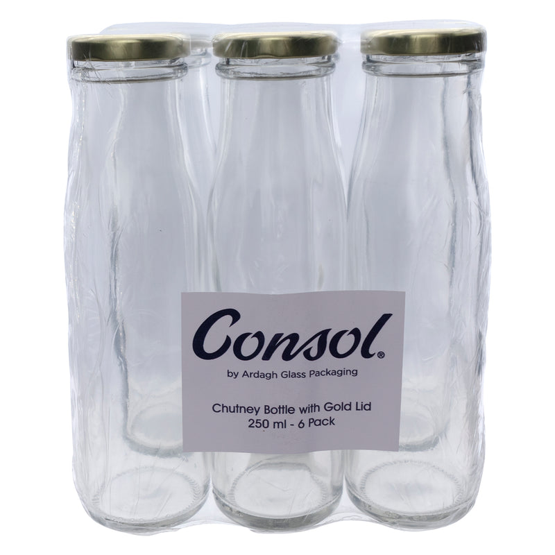 CONSOL CHUTNEY BOTTLE WITH GOLD LID 6 PACK, 250ML (180X54MM DIA)