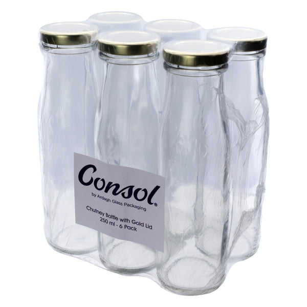 CONSOL CHUTNEY BOTTLE WITH GOLD LID 6 PACK, 250ML (180X54MM DIA)
