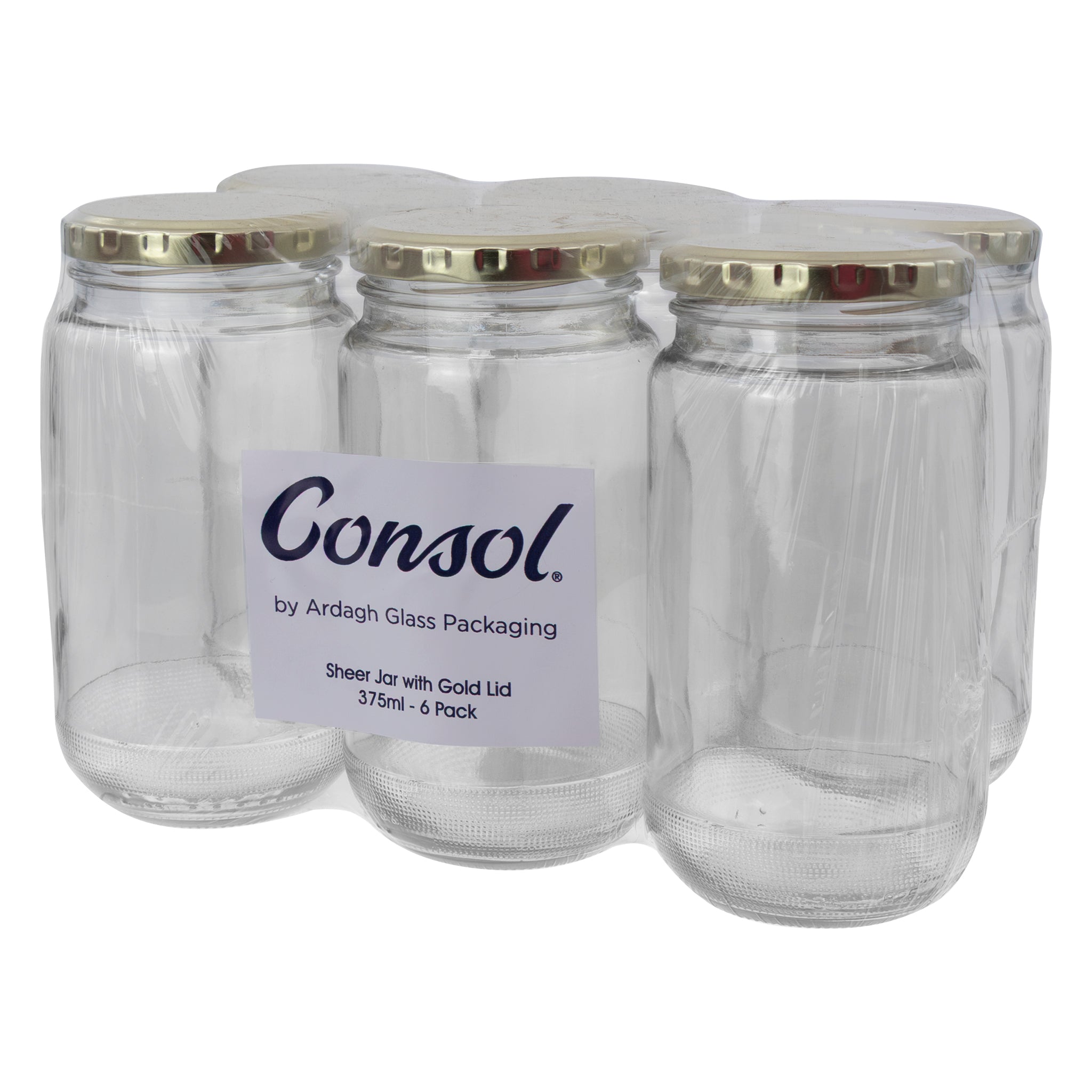 CONSOL SHEER JARS ROUND WITH GOLD LIDS 6PK, 375ML