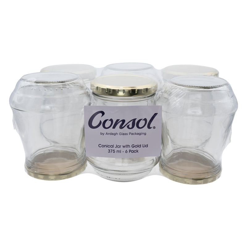 CONSOL CONICAL JAR WITH GOLD LID 6 PACK, 375ML (108X90MM DIA)