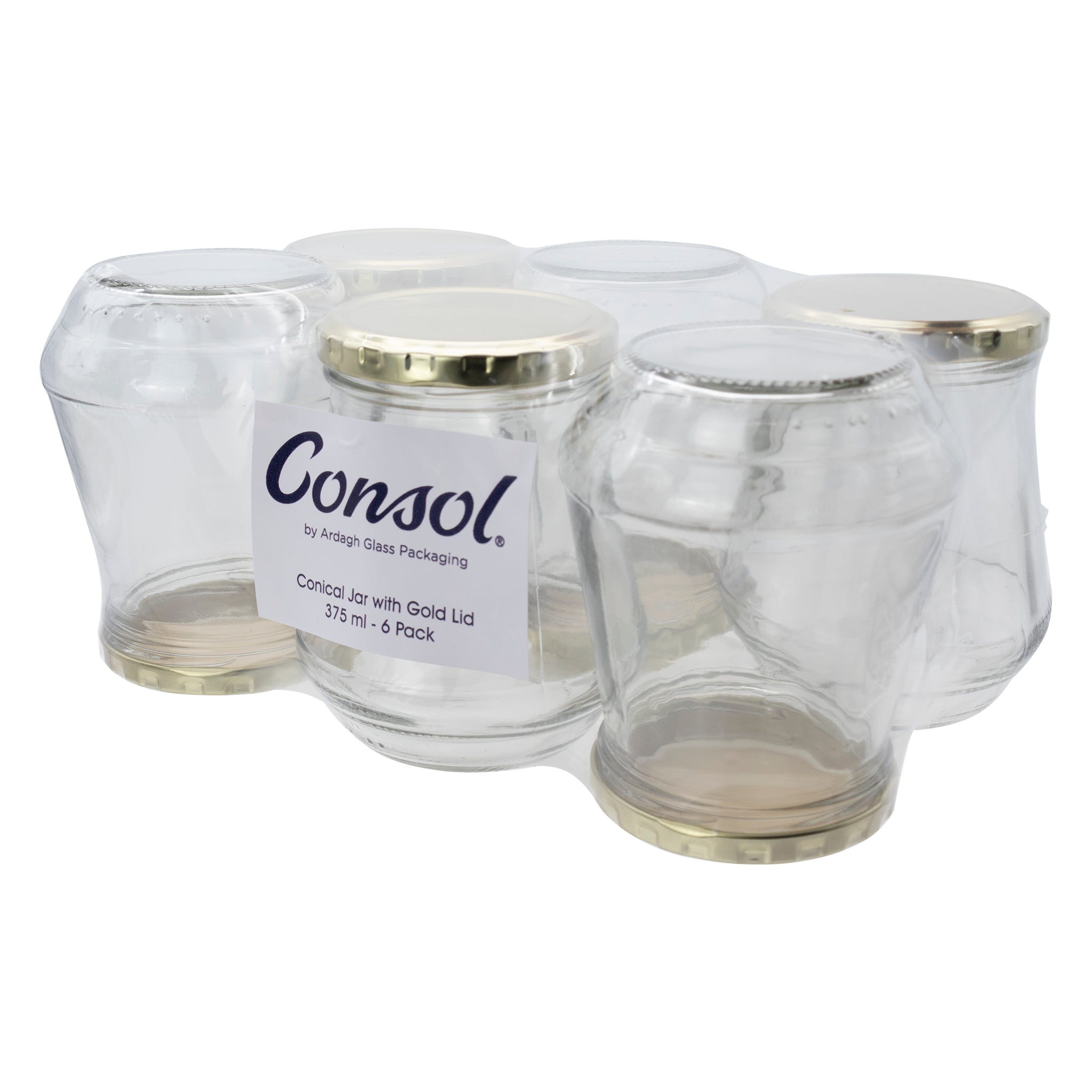 CONSOL CONICAL JARS WITH GOLD LIDS 6PK, 375ML