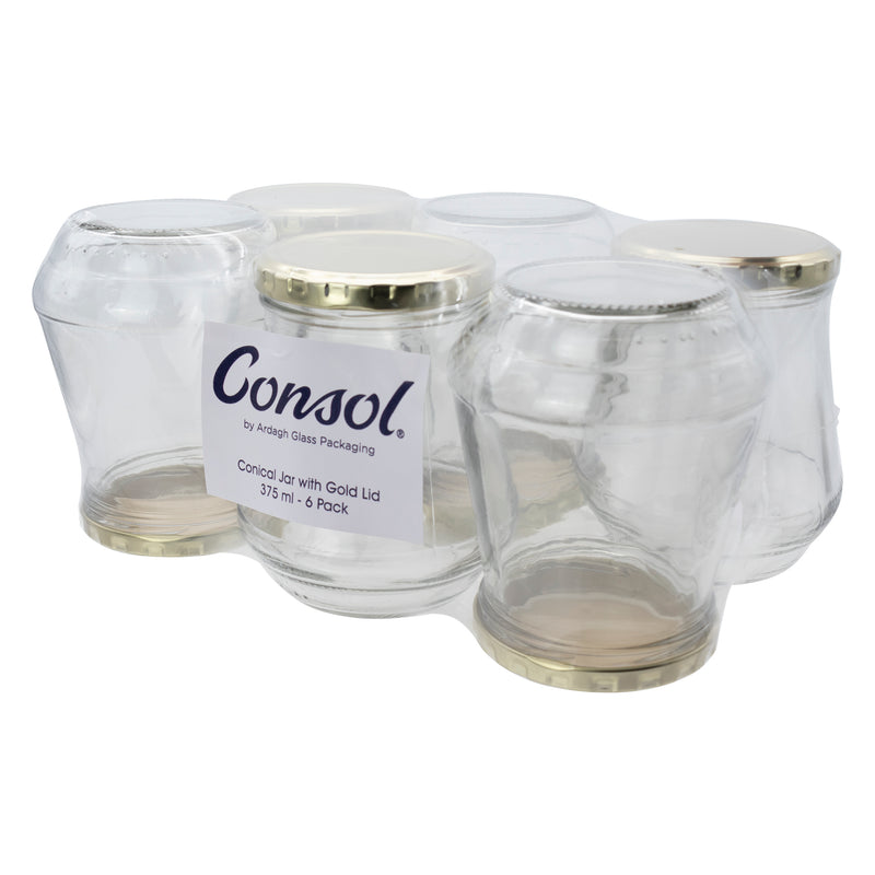 CONSOL CONICAL JAR WITH GOLD LID 6 PACK, 375ML (108X90MM DIA)