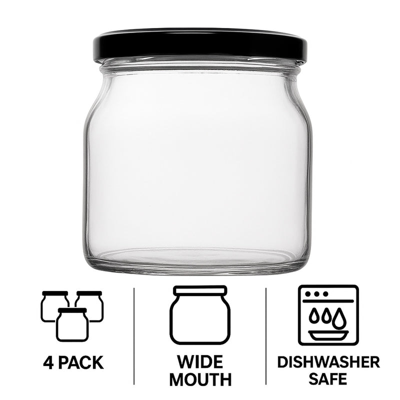 REGENT ROUND JAR WITH BLACK LID 4PK, 500ML