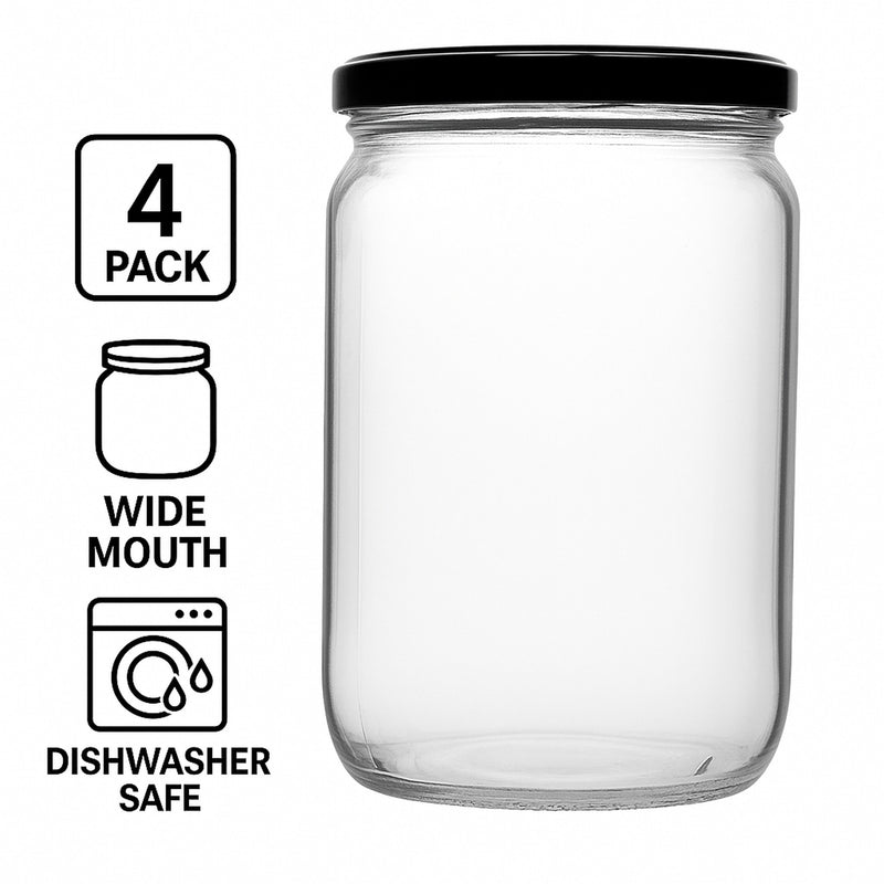 REGENT STRAIGHT SIDED JAR WITH BLACK LID 4PK, 720ML