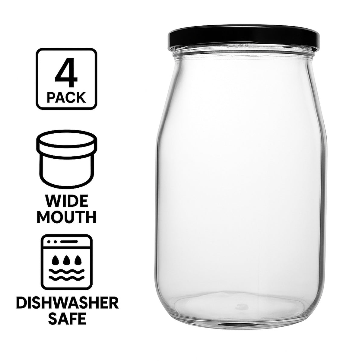 REGENT MAYO GLASS JARS WITH BLACK LIDS 4PK, 1L