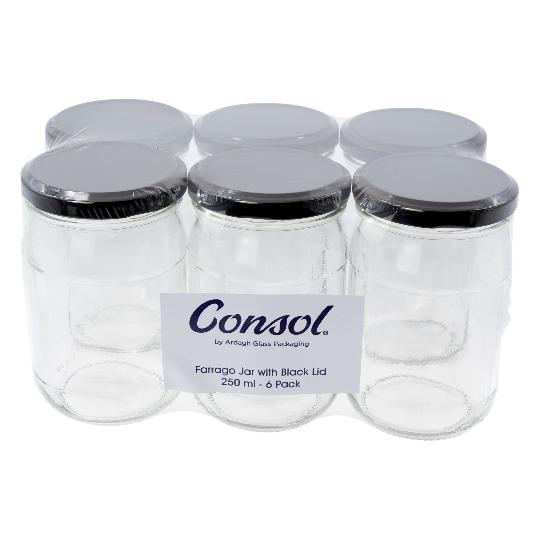 CONSOL FARRAGO JARS WITH BLACK LIDS 6PK, 250ML