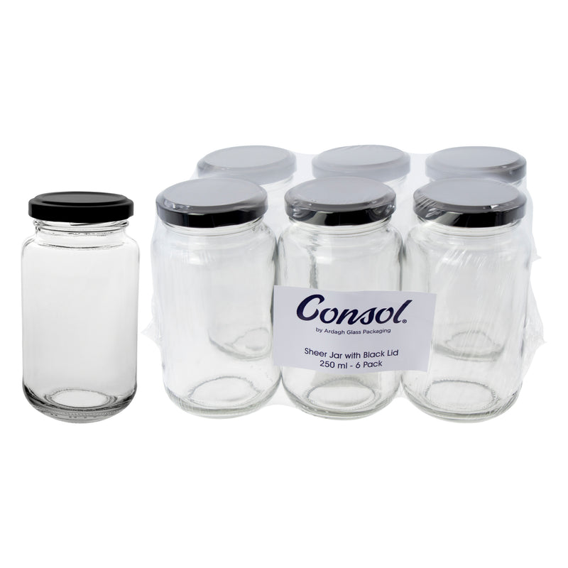 CONSOL SHEER JAR WITH BLACK LID 6 PACK, 250ML (57MM DIAX120MM)