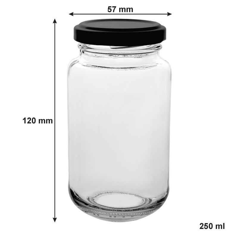 CONSOL SHEER JAR WITH BLACK LID 6 PACK, 250ML (57MM DIAX120MM)