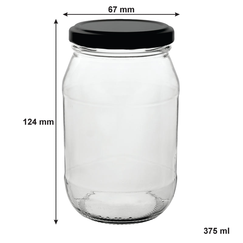 CONSOL FARRAGO JAR WITH BLACK LID 6 PACK, 375ML (124X67MM DIA)