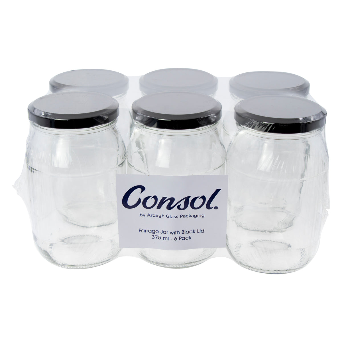CONSOL FARRAGO JARS WITH BLACK LIDS 6PK, 375ML