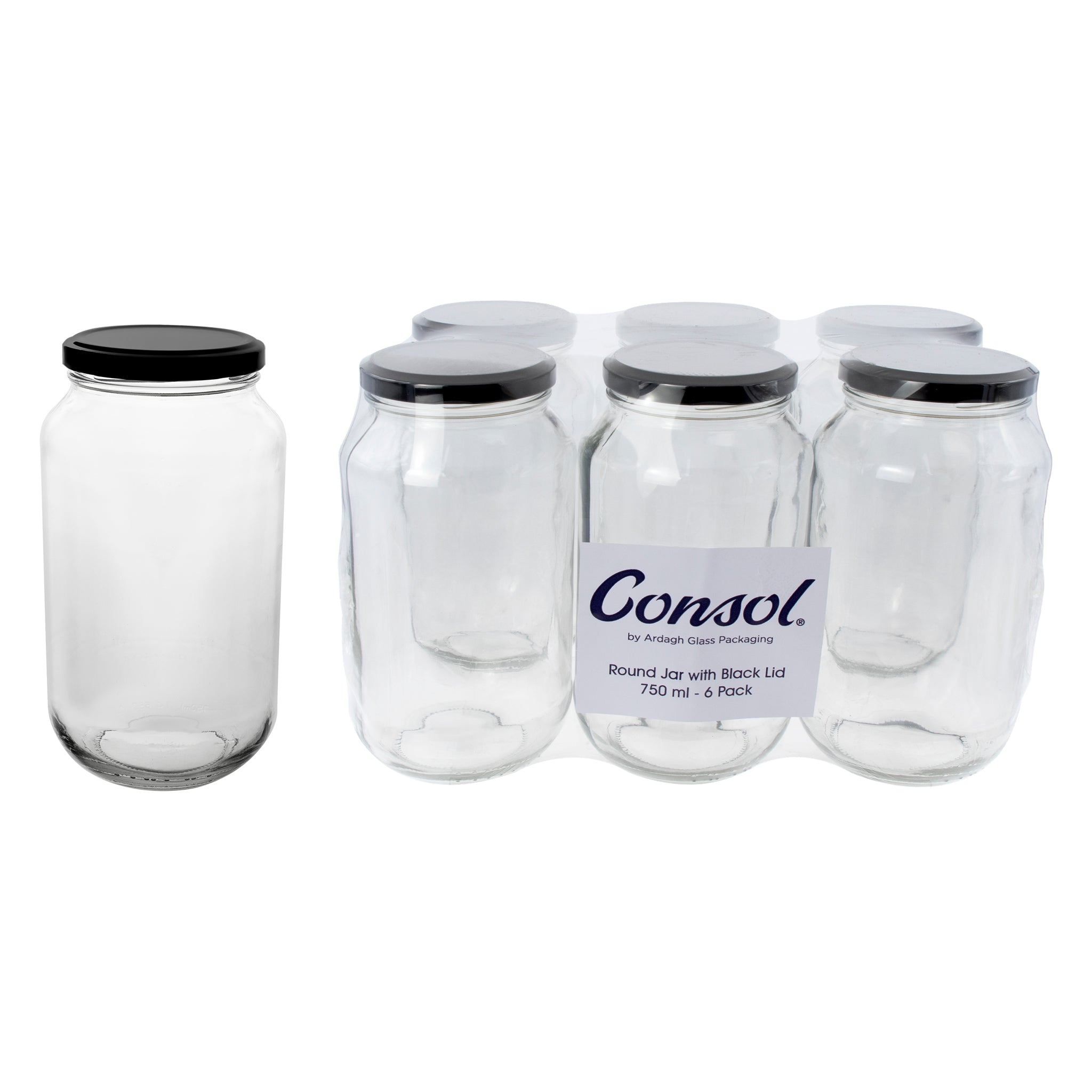 CONSOL ROUND JARS WITH BLACK LIDS 6PK, 750ML