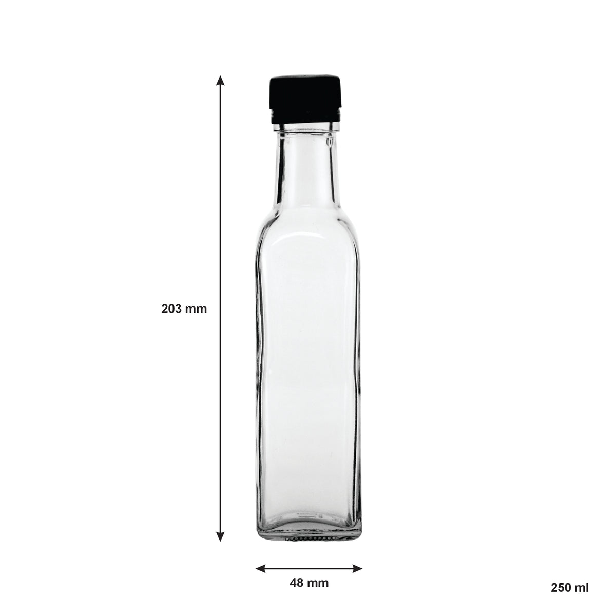 CONSOL SQUARE OIL/VINEGAR BOTTLE WITH BLACK LID 6PK, 250ML