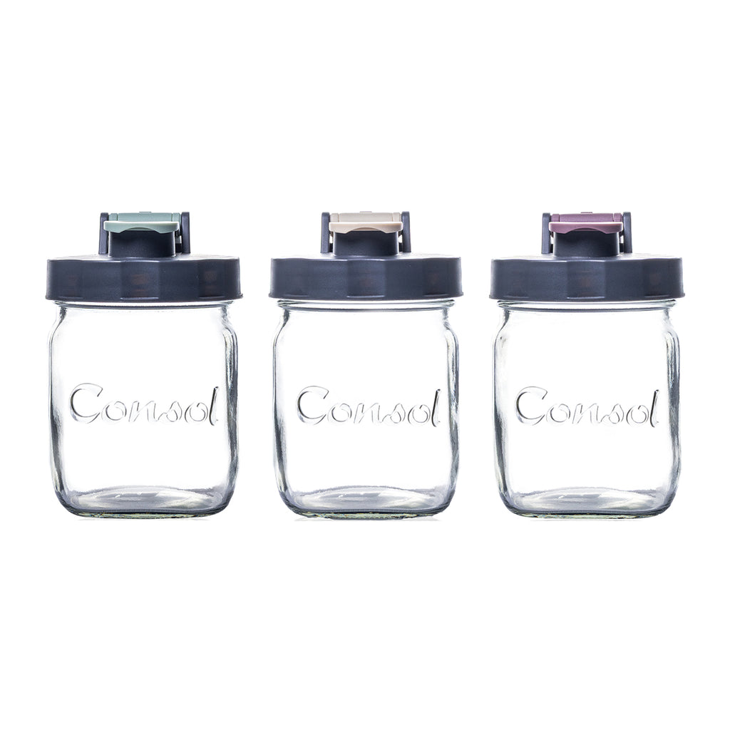 CONSOL PRESERVE JAR WITH ASSORTED COLOURED FLIP TOP LIDS, 500ML