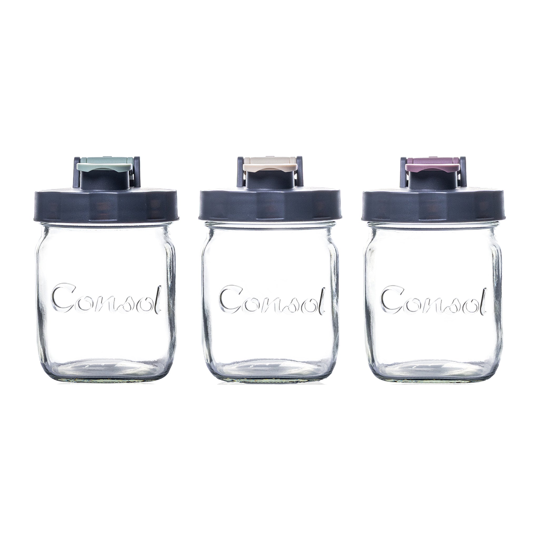 CONSOL PRESERVE JAR WITH ASSORTED COLOURED FLIP TOP LIDS, 500ML