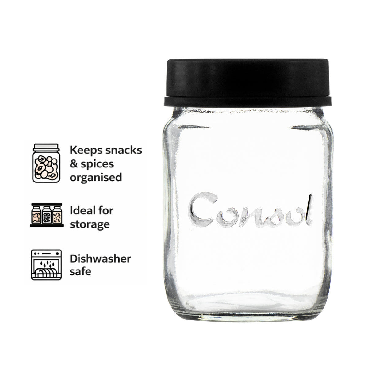 CONSOL JAR WITH ASSORTED COLOURED LID 6PK, 250ML