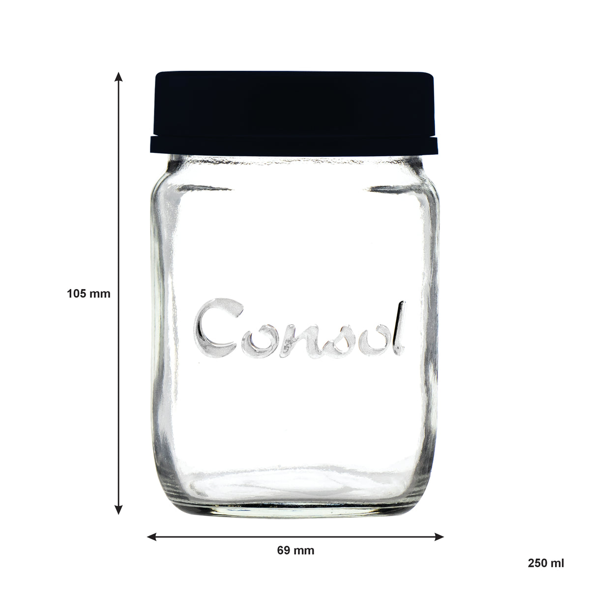 CONSOL JAR WITH ASSORTED COLOURED LID 6PK, 250ML