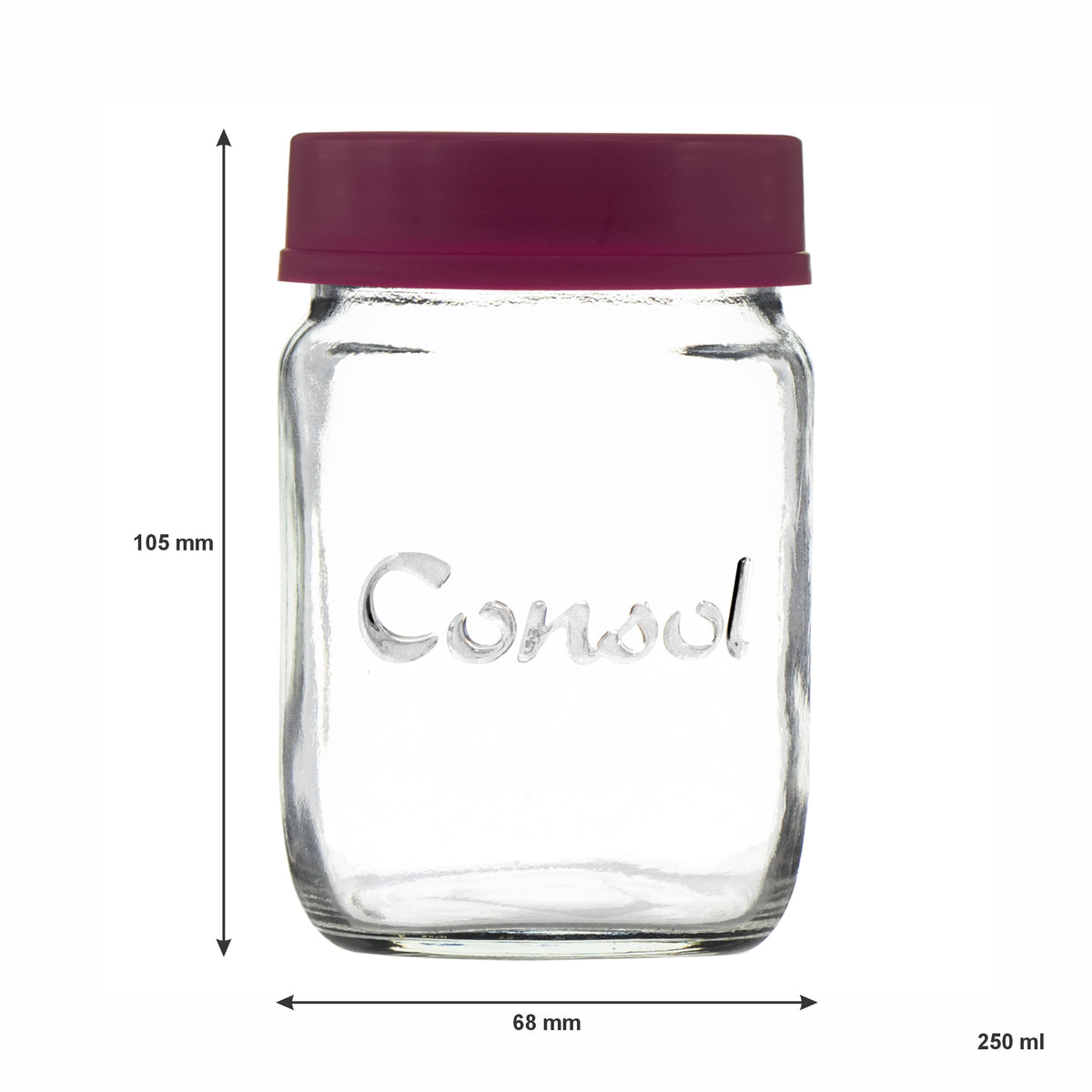 CONSOL JARS WITH ASSORTED COLOURED LIDS 6PK, 250ML