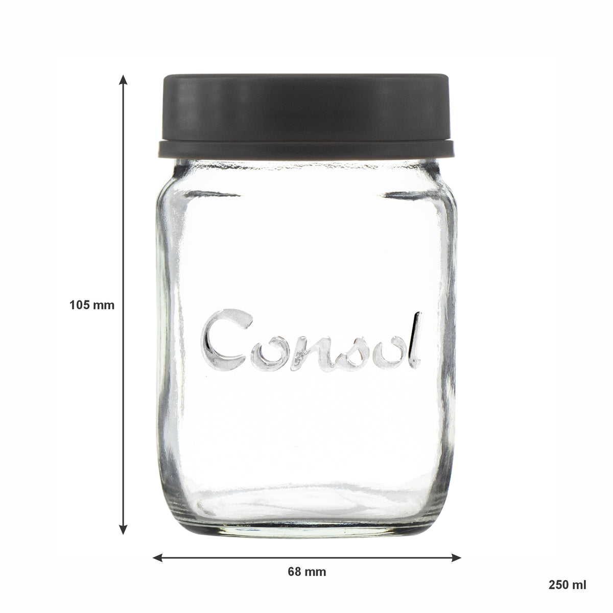 CONSOL JARS WITH ASSORTED COLOURED LIDS 6PK, 250ML