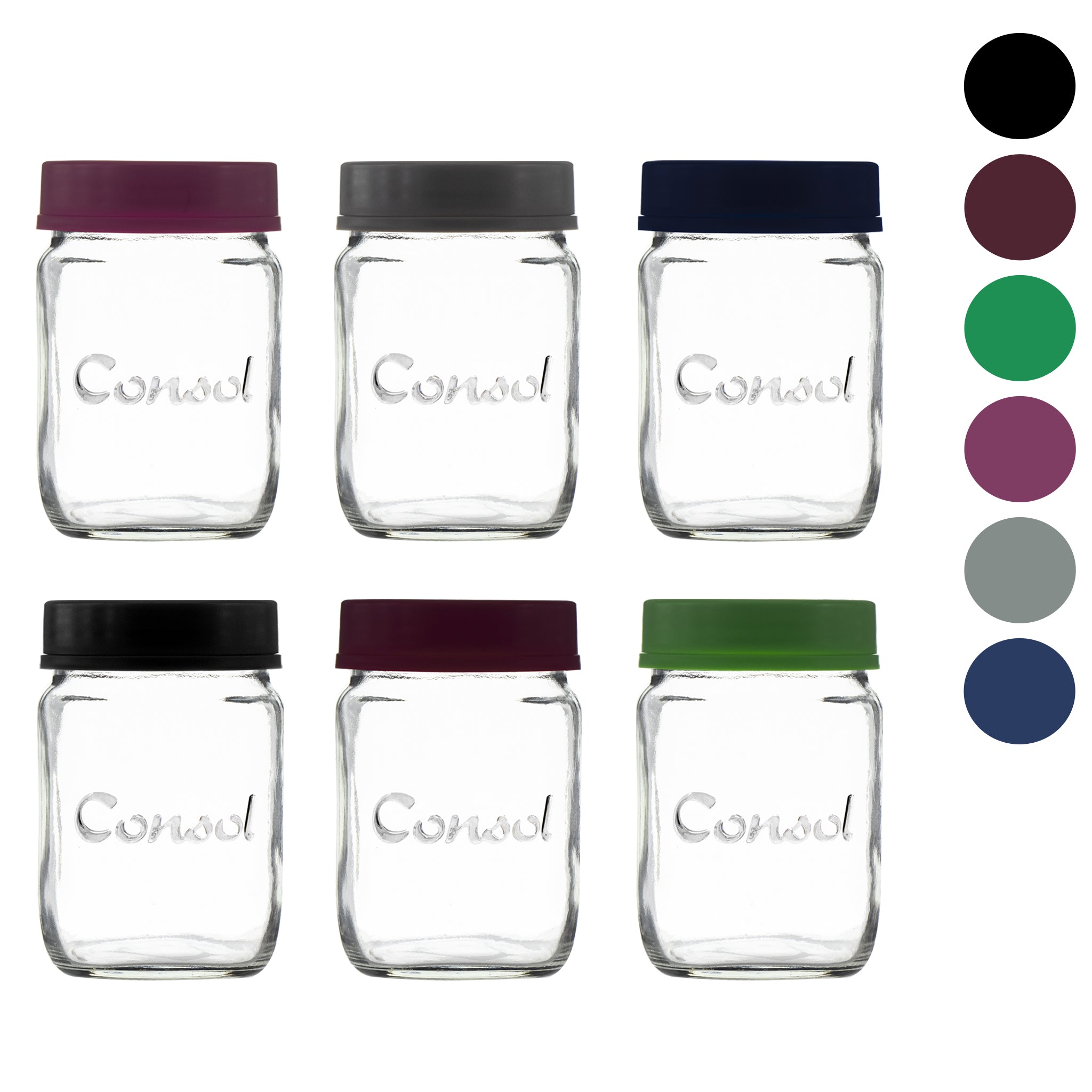 CONSOL JAR WITH ASSORTED COLOURED LID 6PK, 250ML