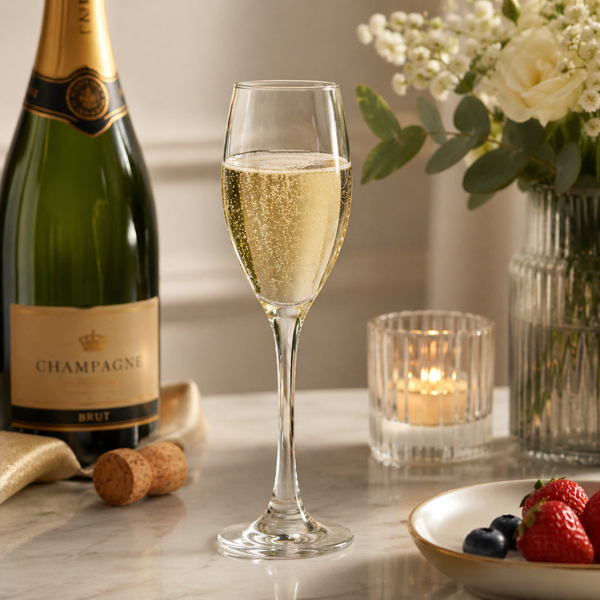 REGENT PLASTIC BLUE CRATE WITH 30 CHAMPAGNE FLUTES 30PK, 175ML