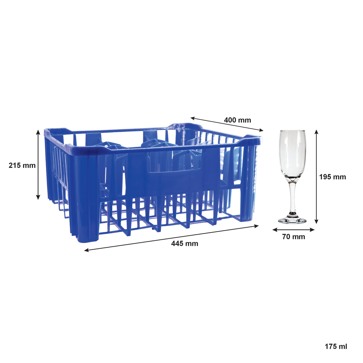REGENT PLASTIC BLUE CRATE WITH 30 CHAMPAGNE FLUTES 30PK, 175ML