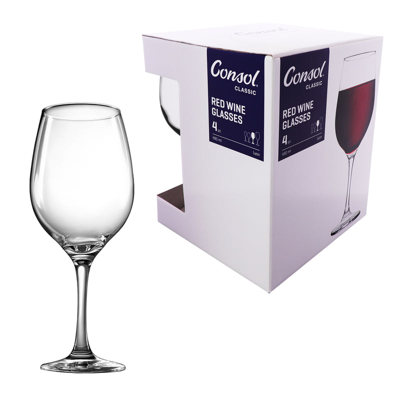CONSOL LYON STEM RED WINE GLASS 4 PACK, (490ML)