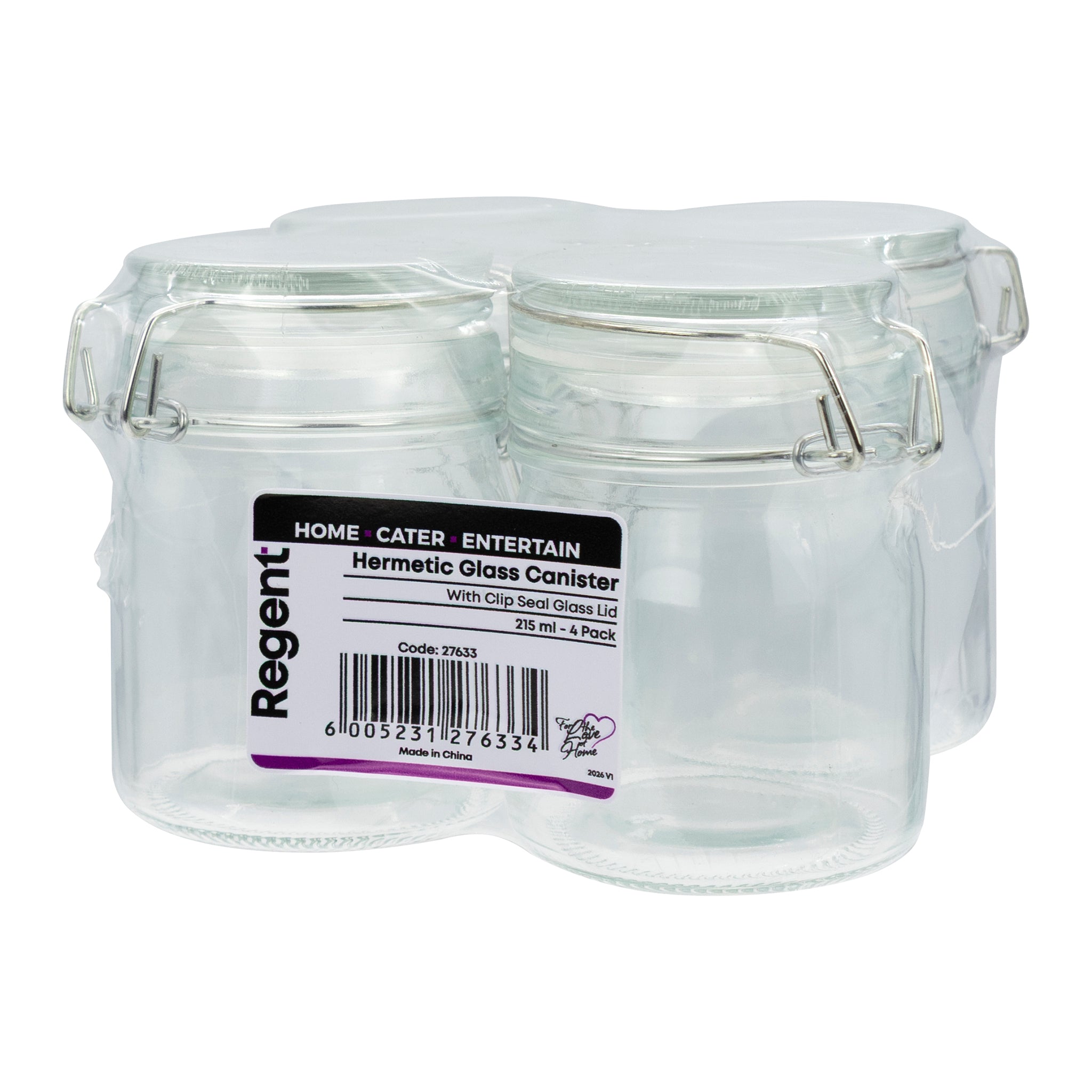 REGENT ROUND HERMETIC GLASS CANISTER WITH CLIP SEAL GLASS LID 4 PK, 215ML