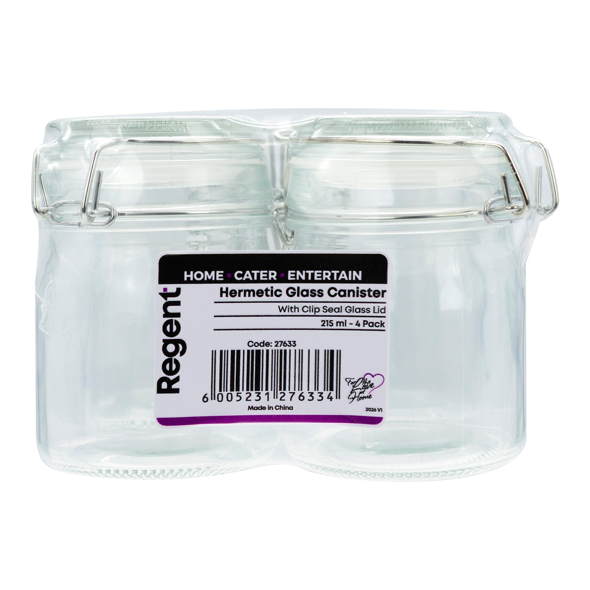 REGENT ROUND HERMETIC GLASS CANISTER WITH CLIP SEAL GLASS LID 4 PK, 215ML