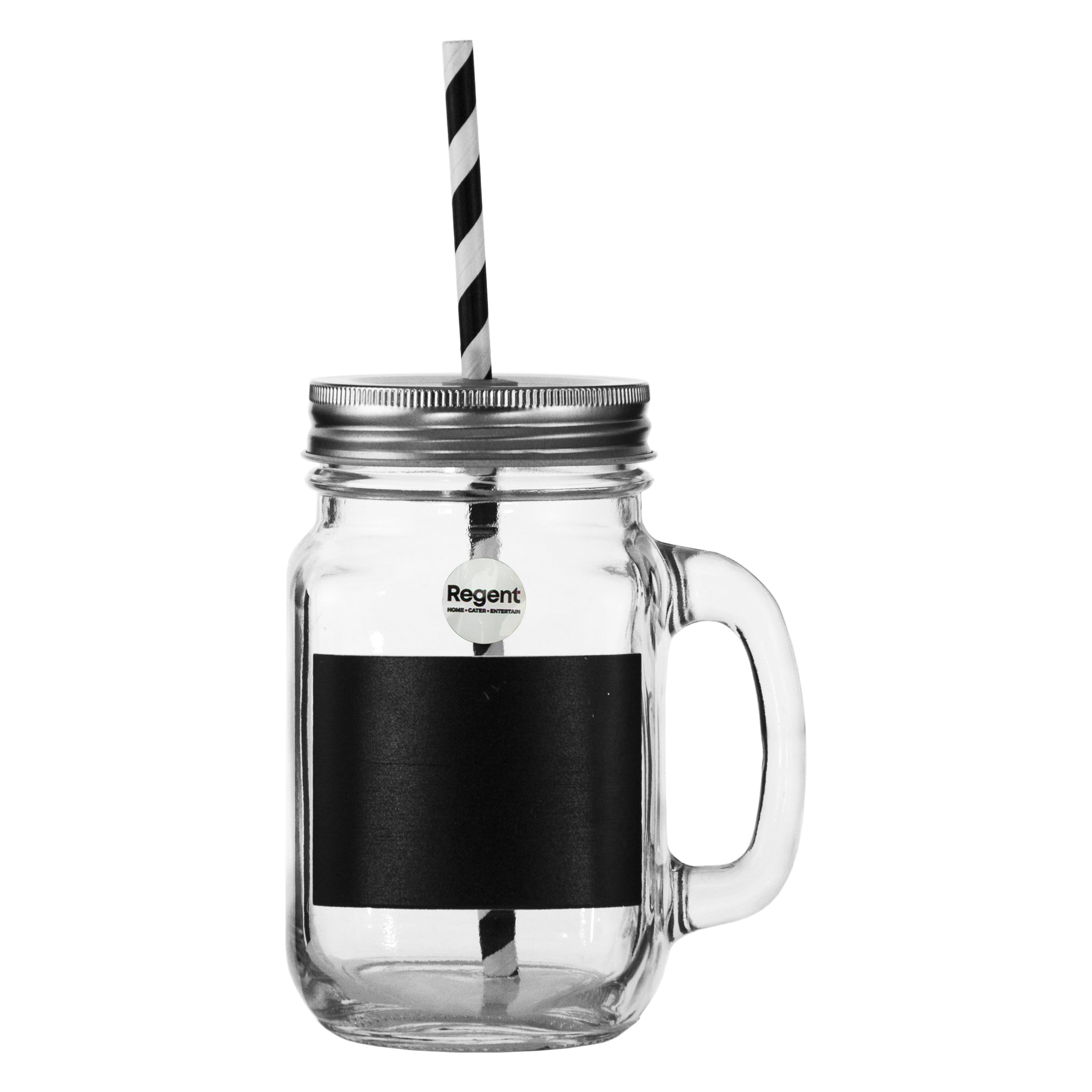 REGENT MASON JAR GLASS MUG WITH BLACK NOTES, LID & STRAW, 450ML