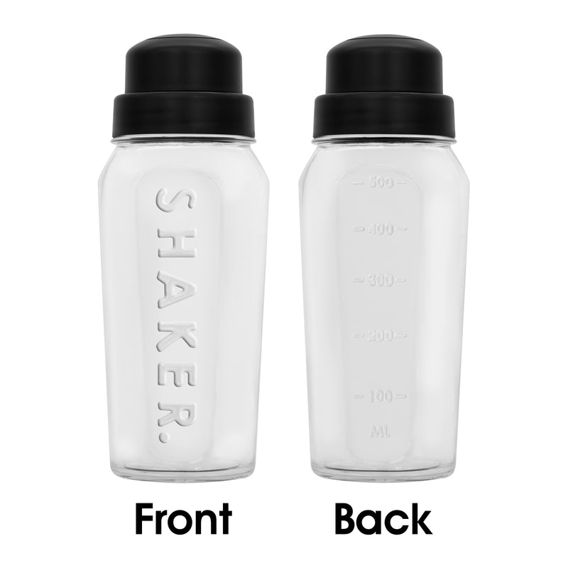 REGENT GLASS SALAD DRESSING/COCKTAIL SHAKER BOTTLE WITH BLACK PLASTIC LID, 550ML