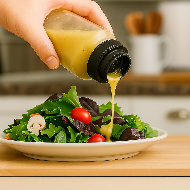 REGENT GLASS SALAD DRESSING/COCKTAIL SHAKER BOTTLE WITH BLACK PLASTIC LID, 550ML