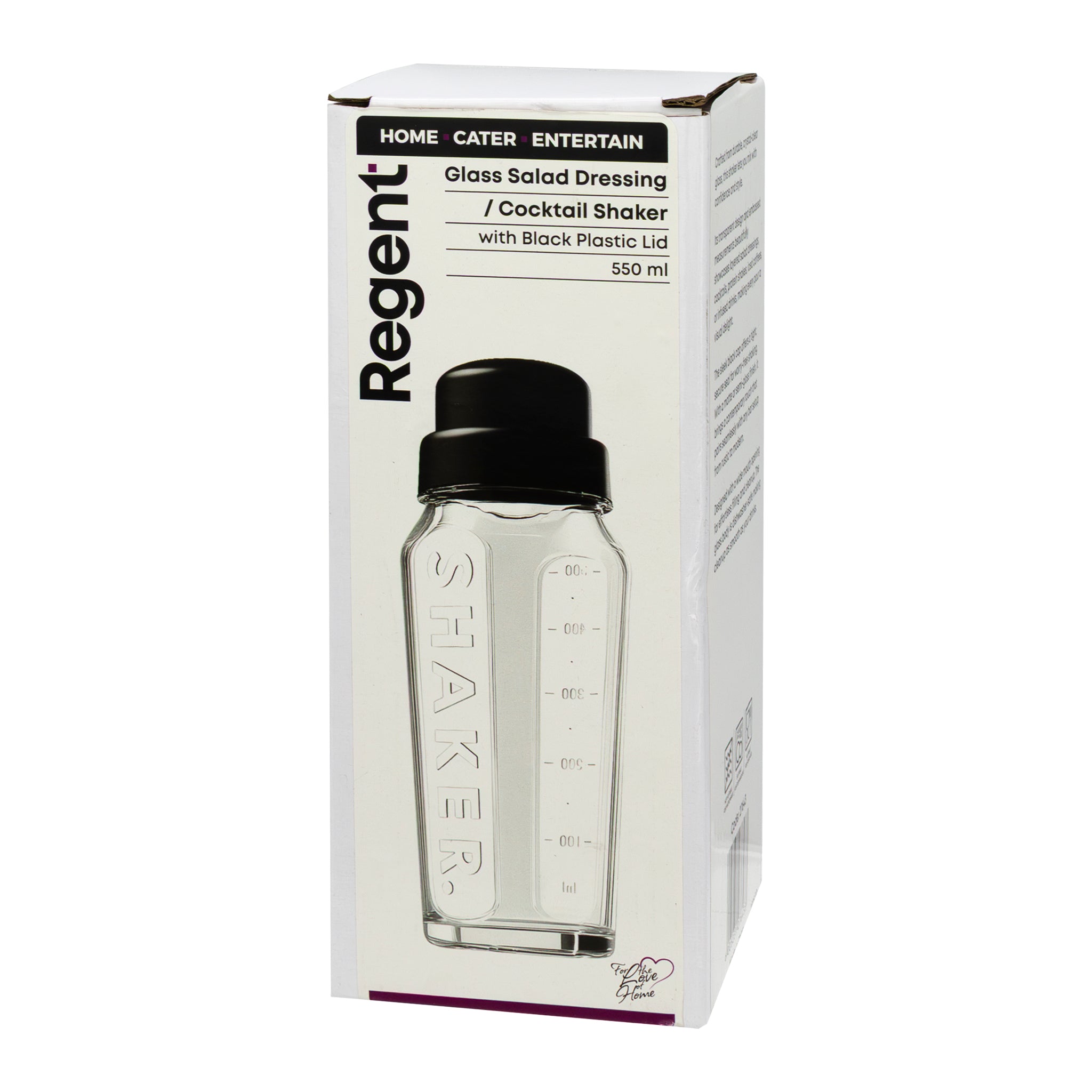 REGENT GLASS SALAD DRESSING/COCKTAIL SHAKER BOTTLE WITH BLACK PLASTIC LID, 550ML