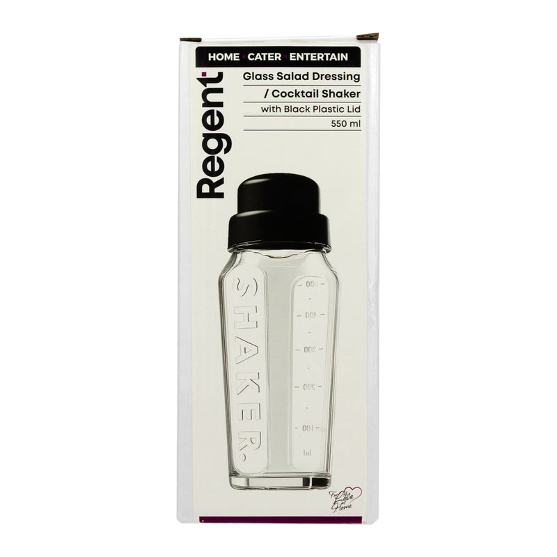 REGENT GLASS SALAD DRESSING/COCKTAIL SHAKER BOTTLE WITH BLACK PLASTIC LID, 550ML