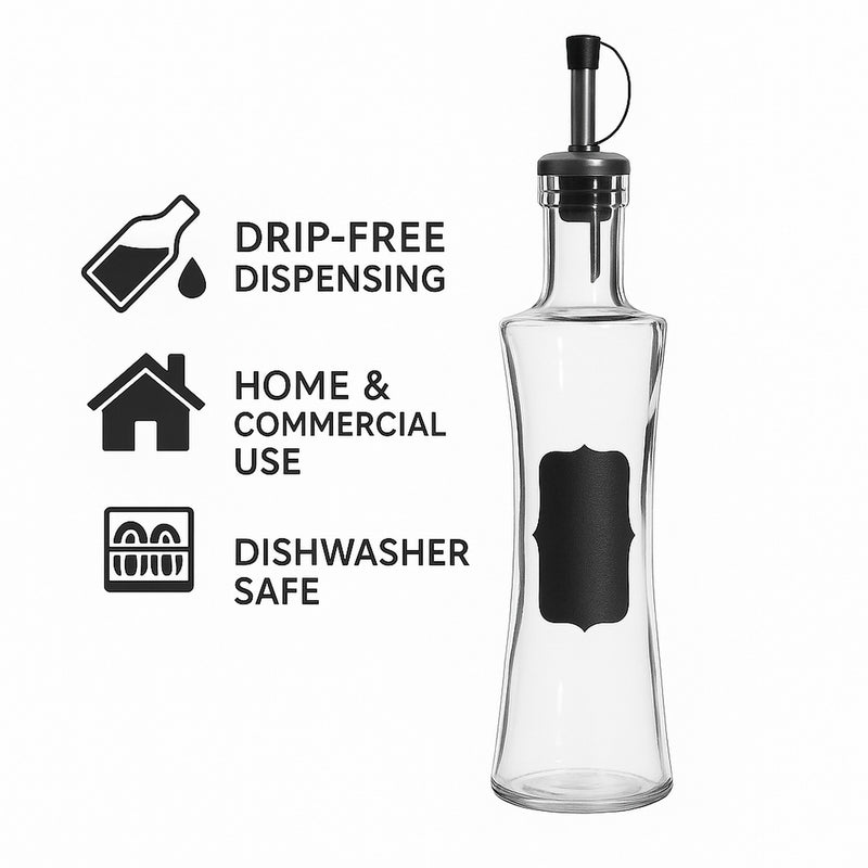 REGENT GLASS OIL OR VINEGAR BOTTLE WITH NOTES & POURER, 400ML