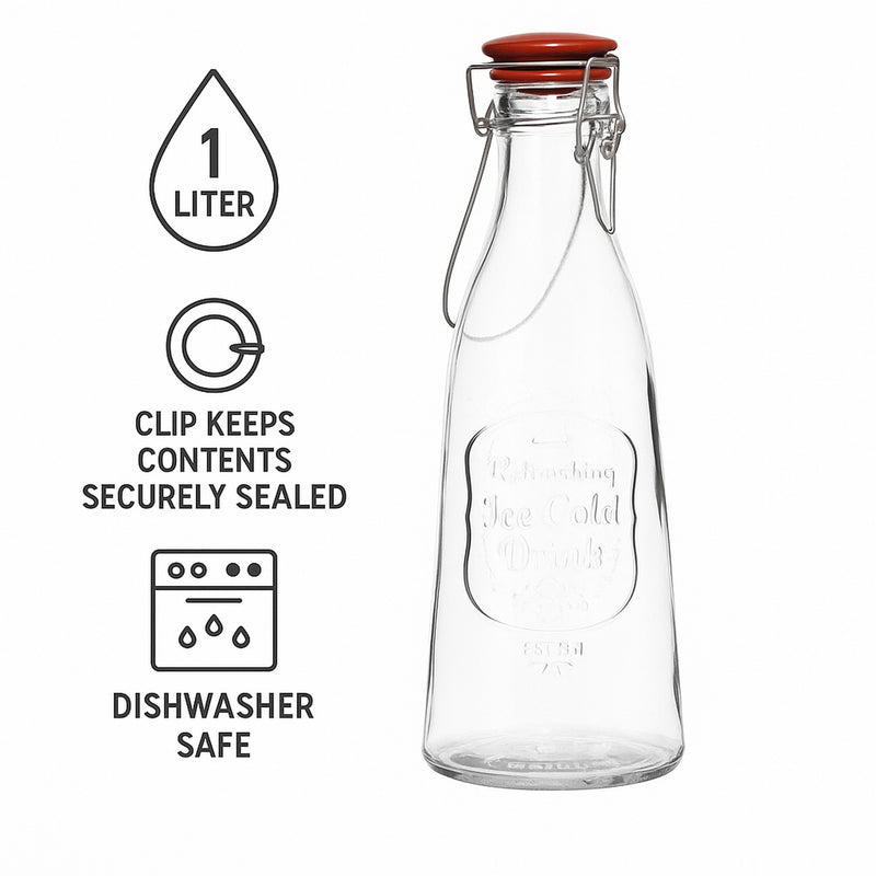 REGENT GLASS EMBOSSED DESIGN BOTTLE WITH RED CLIP TOP LID, 1L