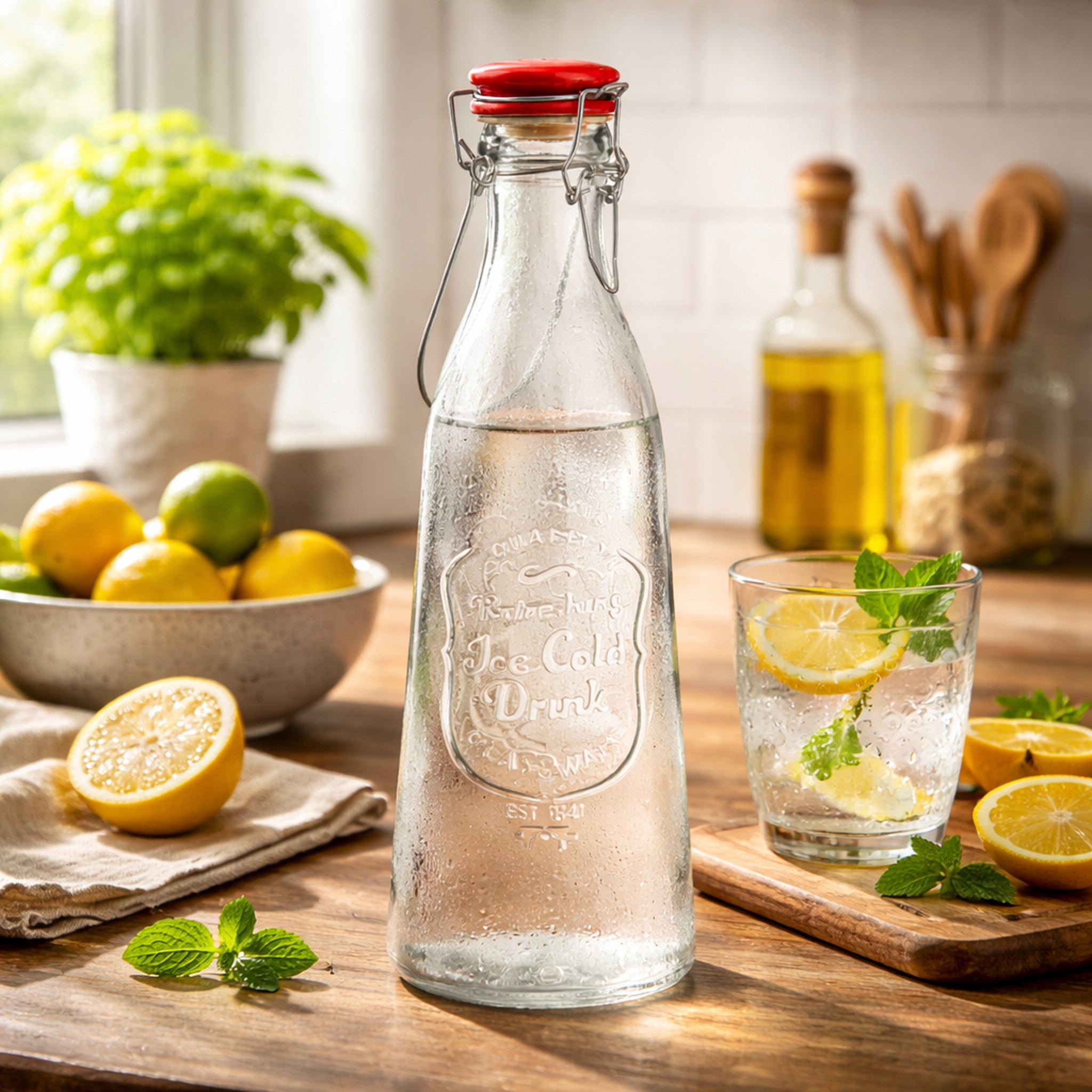 REGENT GLASS EMBOSSED DESIGN BOTTLE WITH RED CLIP TOP LID, 1L