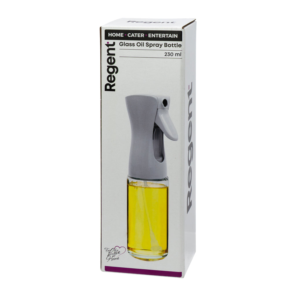 REGENT GLASS OIL SPRAY BOTTLE WITH WHITE PLASTIC SPRAY HEAD, 230ML