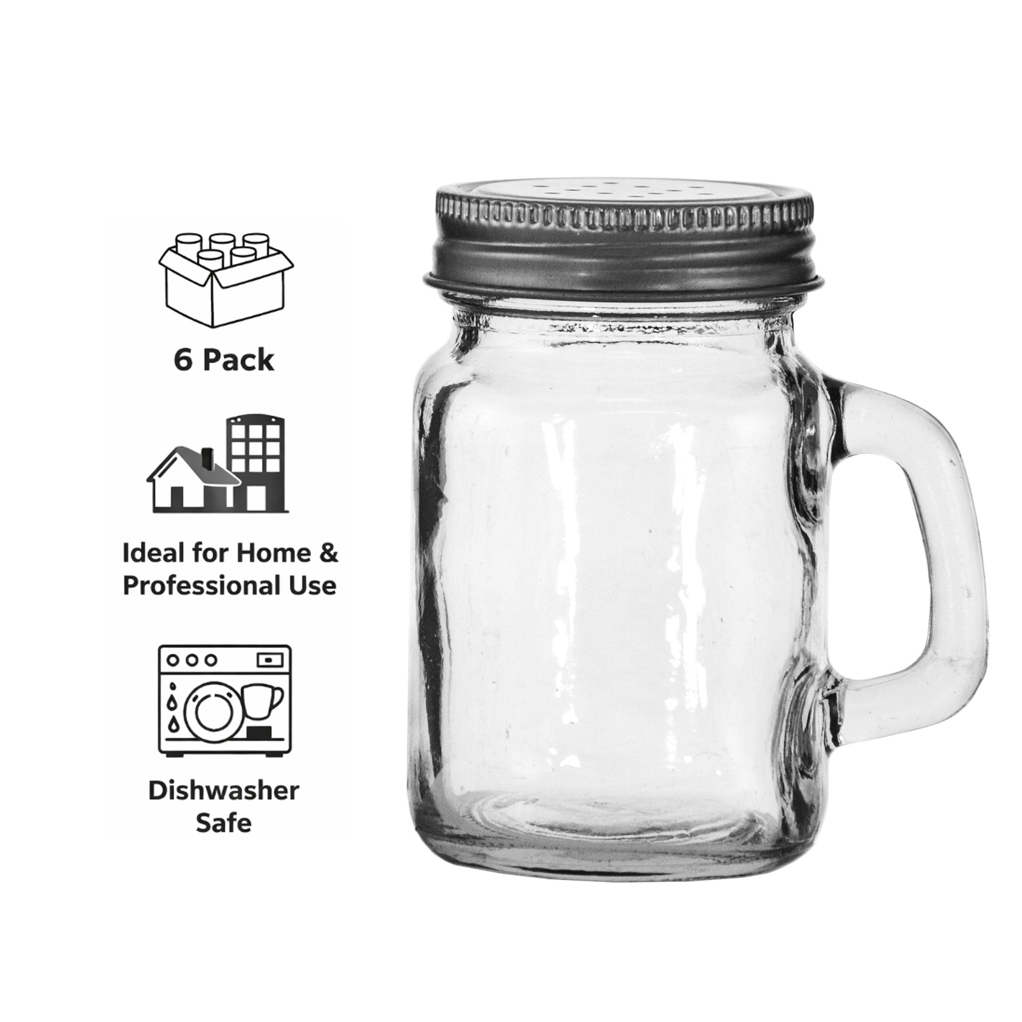 REGENT MINI MASON JAR SALT/PEPPER GLASS SHAKERS WITH HANDLES 6PK, 140ML
