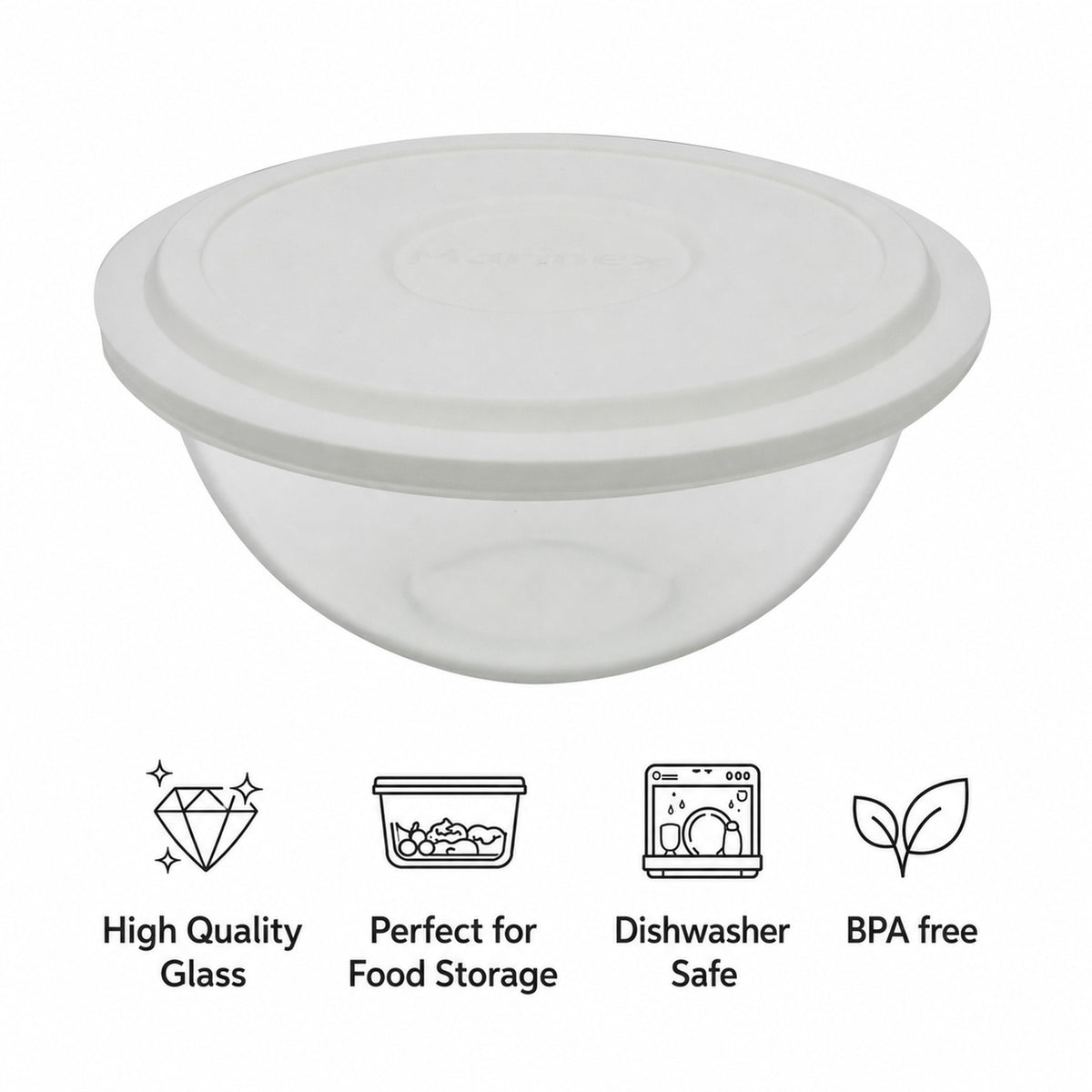 MARINEX GLASS MIXING BOWLS WITH COLOURED PLASTIC LIDS, 1.5L