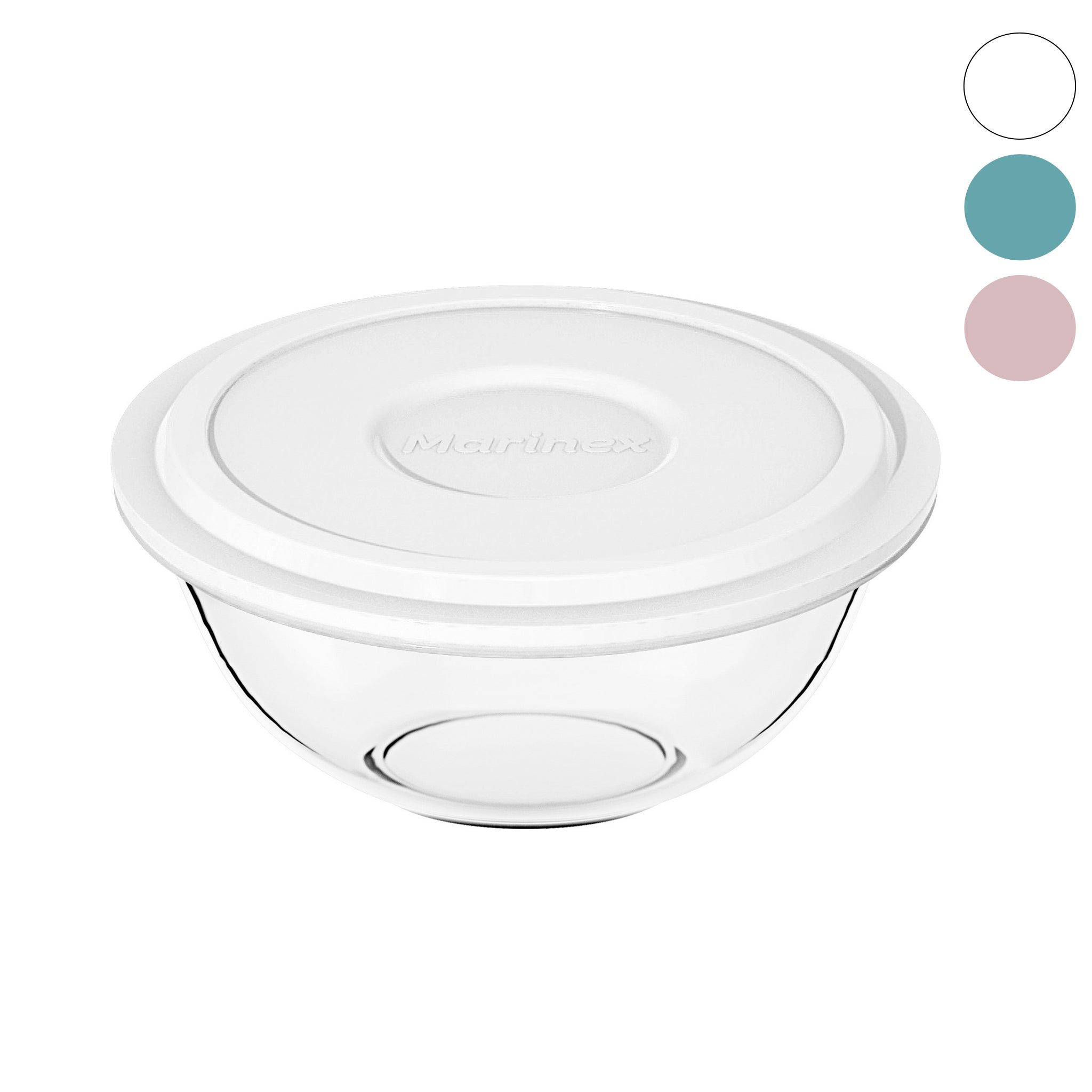 MARINEX GLASS MIXING BOWLS WITH COLOURED PLASTIC LIDS, 1.5L